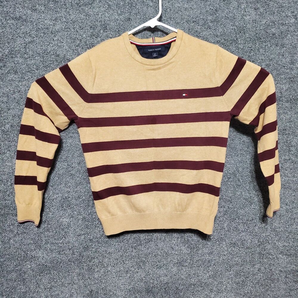 Tommy Hilfiger Sweater Mens Small Light Brown Maroon Striped Classic Crewneck